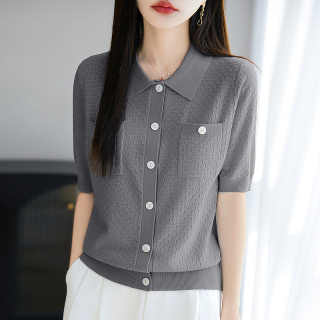 Summer thin mulberry silk wool short-sleeved cardigan for women POLO collar knitted five-point sleeve T-shirt loose base top