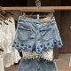 VM NY NB UR2025 summer French sweet age-reducing embroidery hollow spliced ​​denim shorts wide-leg pants women ins