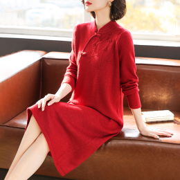 Mom autumn and winter noble cheongsam dress in the elderly knitted bottom sweater skirt this year's red dress