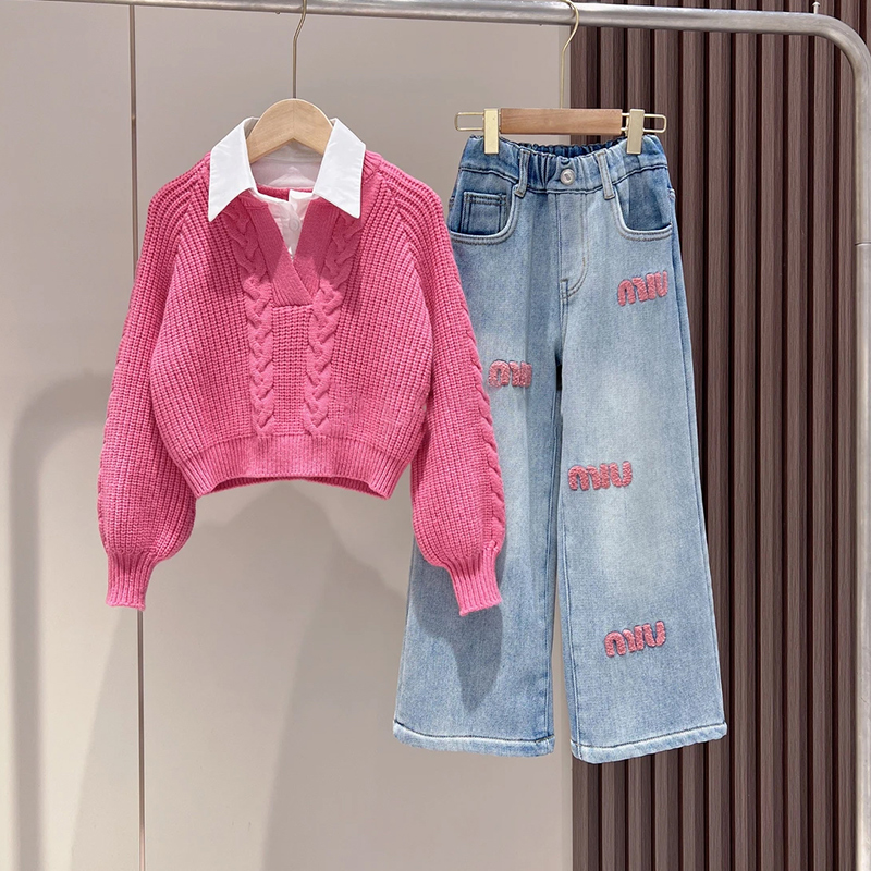 女の子偽ツーピースシャツセーターセット 2024 冬新韓国甘いクール春と秋のベルベットワイドレッグジーンズ