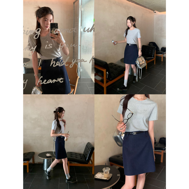 pusumede dark blue a-line skirt for women straight summer new commuter high waist casual versatile short skirt