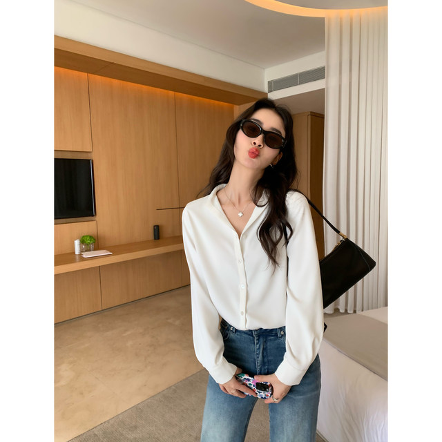 Pusumede Lusi same style! V-neck long-sleeved shirt for women in spring and autumn loose and simple design niche temperament top