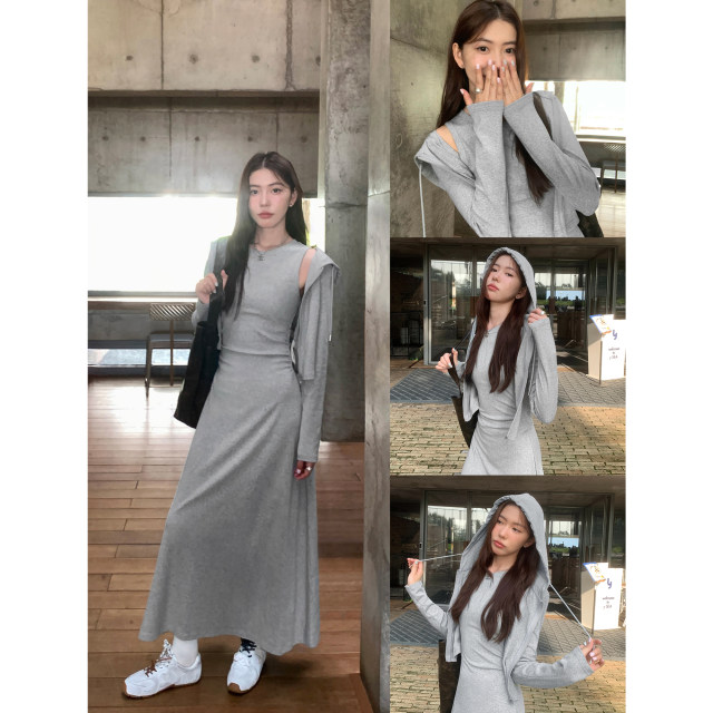 
pusumede black round neck knitted vest dress for women with waist slim design slit bottoming skirt