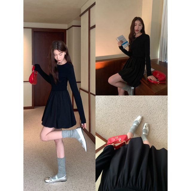 pusumede black round neck spliced ​​knitted dress for women long sleeve French temperament design flower bud short skirt