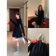 pusumede black round neck spliced ​​knitted dress for women long sleeve French temperament design flower bud short skirt