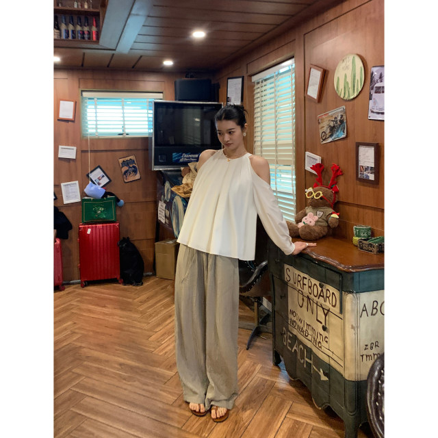 pusumede black loose casual wide-leg pants for women 2025 summer thin high waist slimming drooping floor trousers