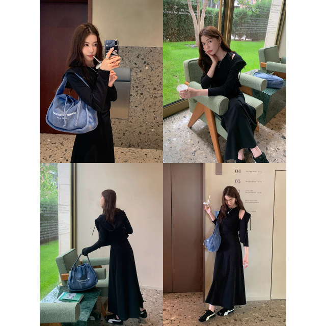 
pusumede black round neck knitted vest dress for women with waist slim design slit bottoming skirt