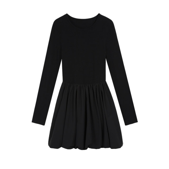 pusumede black round neck spliced ​​knitted dress for women long sleeve French temperament design flower bud short skirt