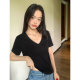Pusumede black v-neck short-sleeved shoulder T-shirt for women in summer new Korean style versatile loose casual top