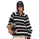 Oinkoink black and white striped stand collar removable sleeve sweatshirt with two-wear pullover half turtle neck T-shirt loose casual top
