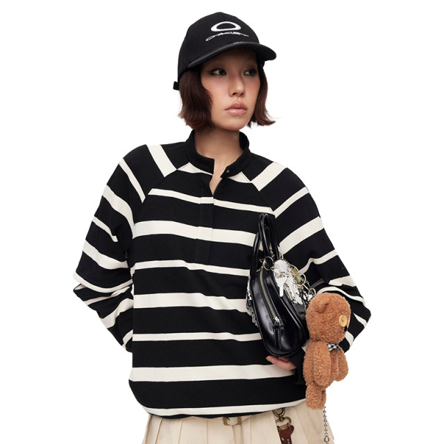 Oinkoink black and white striped stand collar removable sleeve sweatshirt with two-wear pullover half turtle neck T-shirt loose casual top
