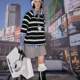 Oinkoink black and white striped stand collar removable sleeve sweatshirt with two-wear pullover half turtle neck T-shirt loose casual top
