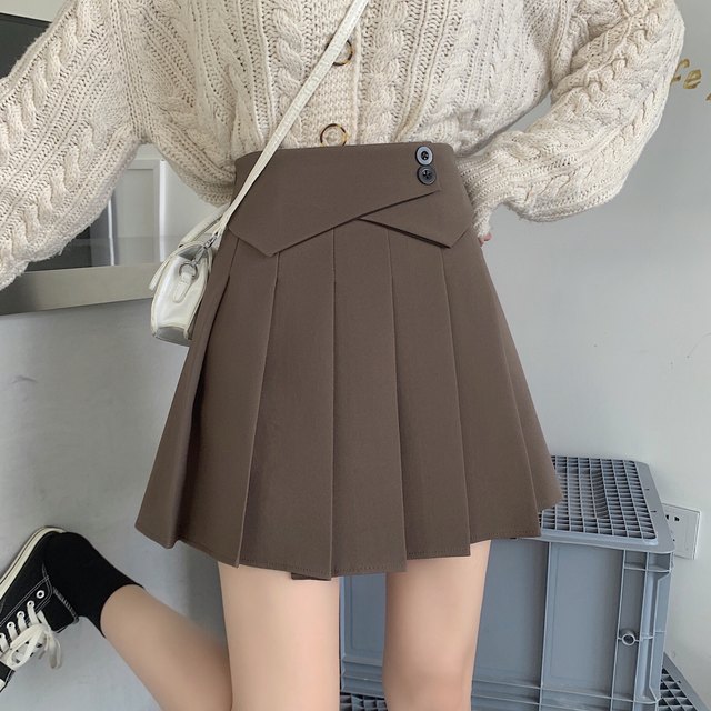 Large size super hot brown pleated skirt short skirt autumn and winter belly puffy skirt fat mm college style slim A-line skirt