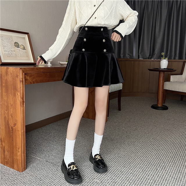 Large size commuting fishtail short skirt winter fashion gold velvet skirt fat MM temperament cover double -breasted A -line skirt
