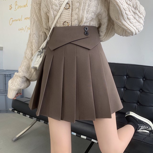Large size super hot brown pleated skirt short skirt autumn and winter belly puffy skirt fat mm college style slim A-line skirt