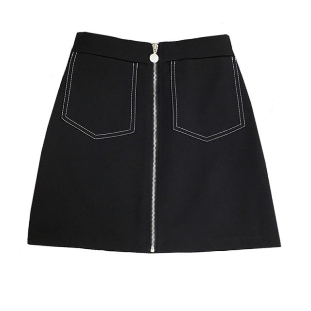 Fat mm design-sensing bright line skirt for women zipper pocket A-line skirt large size high waist slim arm short skirt black