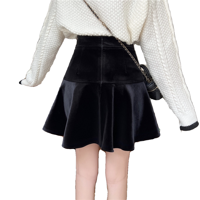 Large size commuting fishtail short skirt winter fashion gold velvet skirt fat MM temperament cover double -breasted A -line skirt
