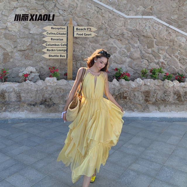 Xiaoli amber wind chiffon acetate suspender halter neck dress summer temperament beautiful vacation long skirt