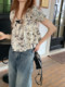 Ink printed puff sleeve shirt women's summer 2023 new style French niche retro bow short-sleeved top