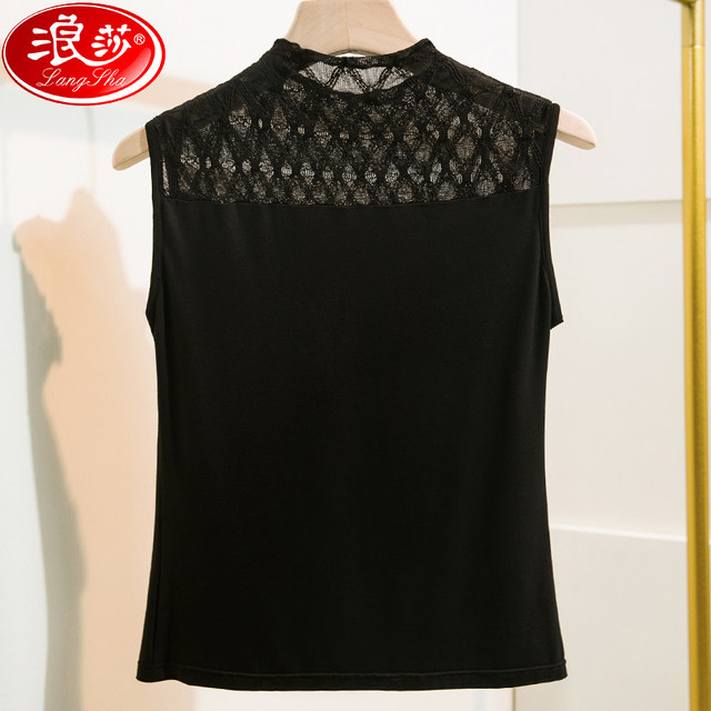 Langsha 2025 Autumn Half Turtle Collar Lace Splicing T-shirt Women's Sleeveless Slim Women's Modal Top Vest