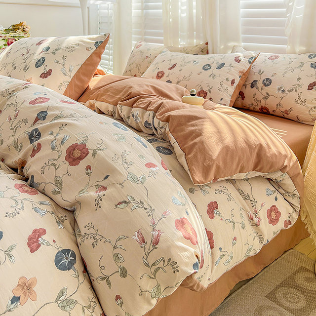 French light luxury ins washing cotton linen four-piece set Class A mother and baby quilt cover Student three-piece set dormitory bed sheets and bed covers