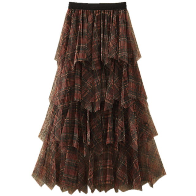 2024 spring and summer new high-waist multi-layer irregular plaid tulle skirt spliced ​​plaid mesh long skirt women's skirt