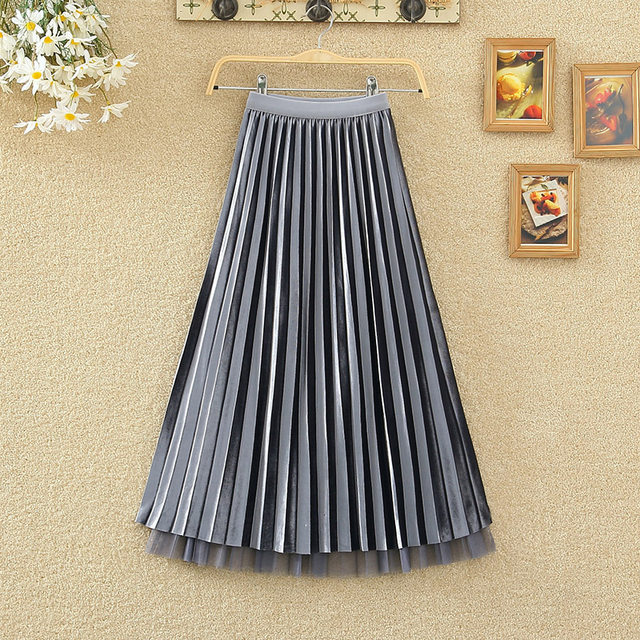 Wear golden velvet pleated skirts on both sides, women's spring and autumn, high waist, thin waist, and hi -shaped gauze mid -length skirt
