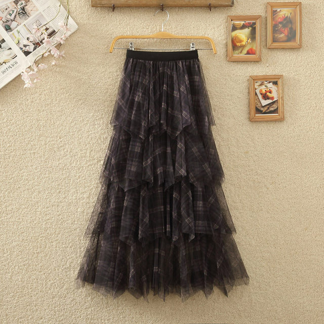 2024 spring and summer new high-waist multi-layer irregular plaid tulle skirt spliced ​​plaid mesh long skirt women's skirt