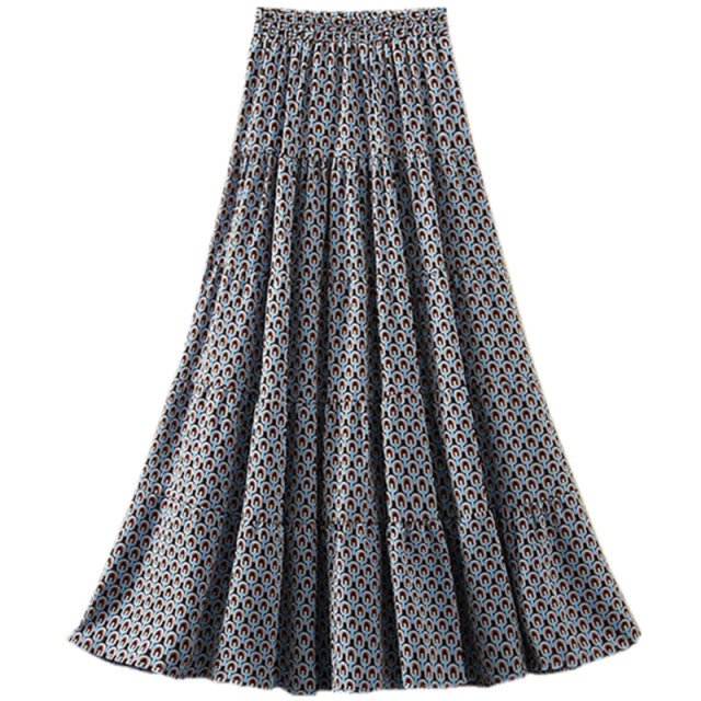 2024 spring and summer new high-waisted retro floral chiffon spliced ​​cake skirt A-line printed long skirt women's skirt