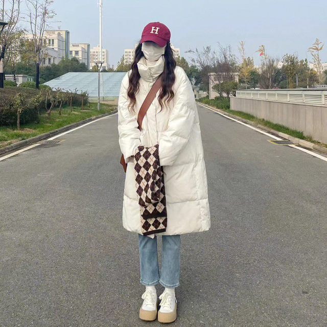 90 white duck down thickened fluffy down jacket for women 2025 winter new stand collar mid-length over-knee warm jacket trendy