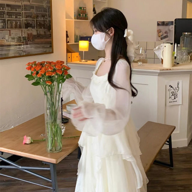 Ruffled long-sleeved French niche square collar chiffon skirt for women 2025 spring and summer new fairy princess dress