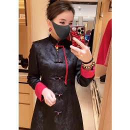 New Chinese-style black dress of improved cheongsam spring 2024 new temperament celebrity Yuan national wind clasp waist dress