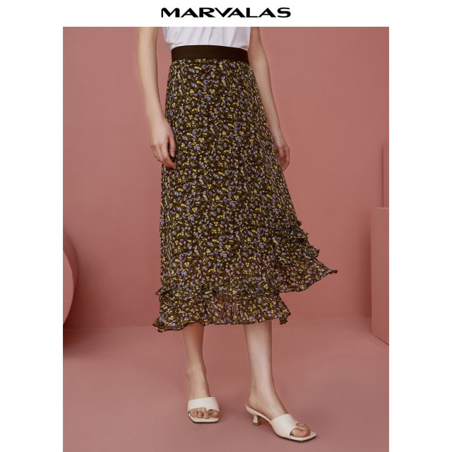 Mandesy ruffled floral skirt 2025 autumn new small flower full print irregular retro seven-point skirt