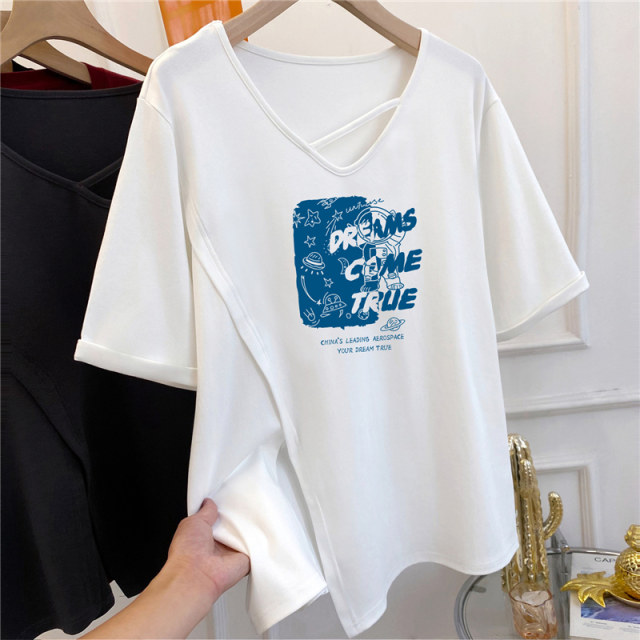 Extra large size 300Jin [Jin equals 0.5 kg] Trendy brand pattern printed slit v-neck slanted belt short-sleeved T-shirt for women in summer fat MM slim top