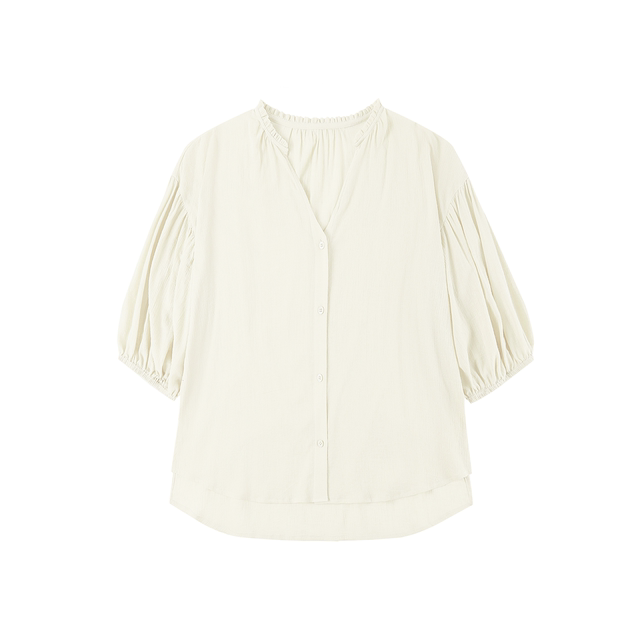 Japanese lantern sleeve thin pleated texture shirt V-shaped exquisite lace collar fall shoulder mid-sleeved design loose and light