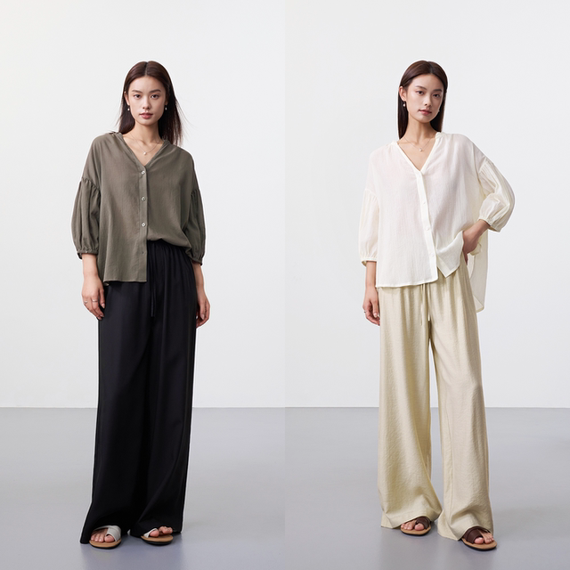 Japanese lantern sleeve thin pleated texture shirt V-shaped exquisite lace collar fall shoulder mid-sleeved design loose and light