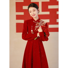 Chinese Cheongsam Toasting Bride 2023 New Wedding Banquet Dresses Engagement Back to Clothes Wine Red Dresses Women Wedding