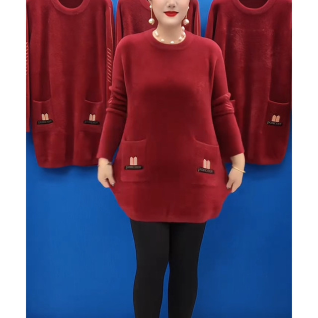 New autumn and winter mother's clothing thickened mink velvet fashionable mid-length style sweater loose slim double pocket large version sweater