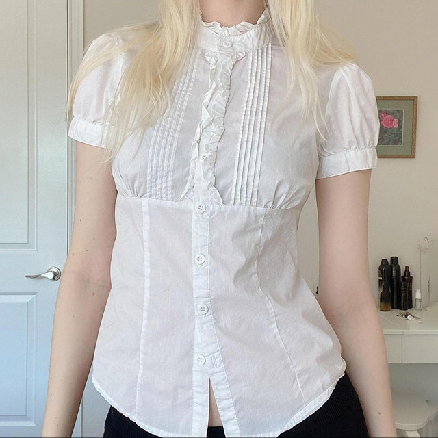 IAEY French royal sister Fan wooden ears stand-up collar white casual shirt accordion pleated design waist-breasted shirt summer
