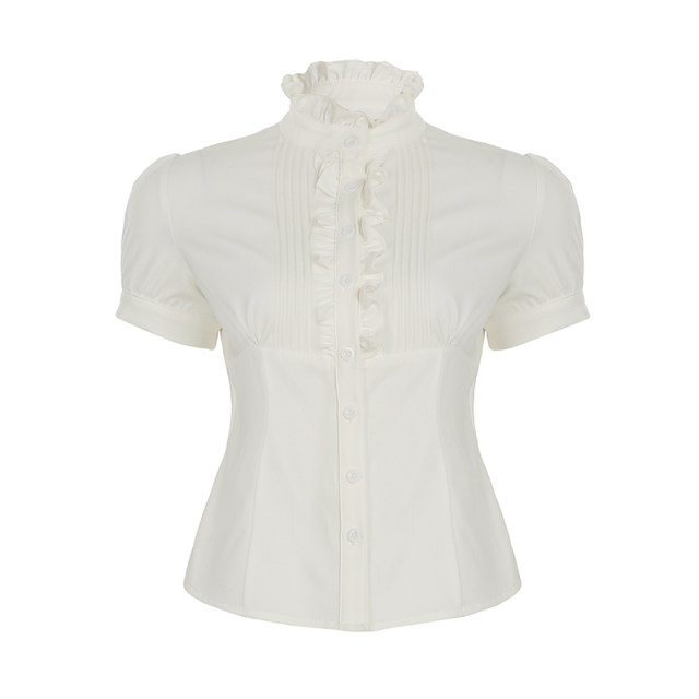 IAEY French royal sister Fan wooden ears stand-up collar white casual shirt accordion pleated design waist-breasted shirt summer
