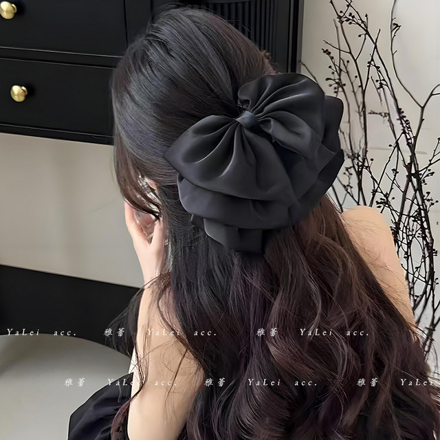 Black satin bow headband hair clip for women 2025 new high-end half-tied hair clip ponytail clip on the back of the head