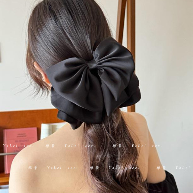 Black satin bow headband hair clip for women 2025 new high-end half-tied hair clip ponytail clip on the back of the head