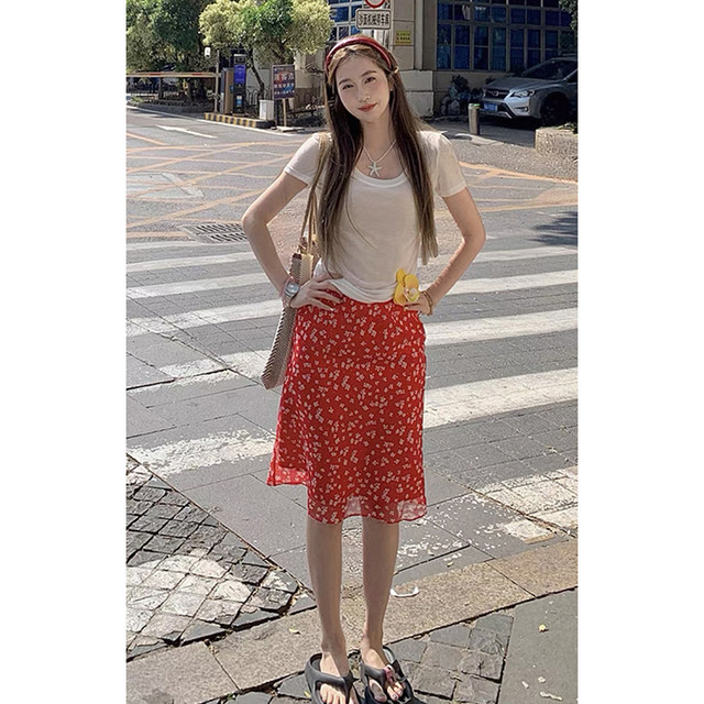 Korean sweet girl design floral red high-waisted skirt spring and summer new temperament versatile fishtail A-line skirt for women