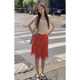 Korean sweet girl design floral red high-waisted skirt spring and summer new temperament versatile fishtail A-line skirt for women