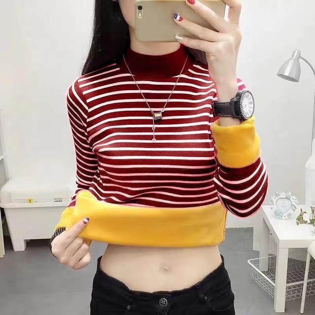 Ploved velvet thick inner bottom shirt female autumn and winter new large size half -high -neck stripe long -sleeved T -shirt warm top

