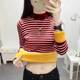Ploved velvet thick inner bottom shirt female autumn and winter new large size half -high -neck stripe long -sleeved T -shirt warm top
