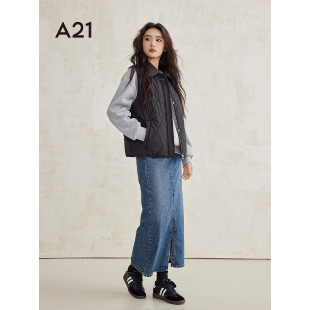 A21 women's black sleeveless cotton jacket 2024 Winter new simple vest dark buckle down cotton polo collar cotton clothes