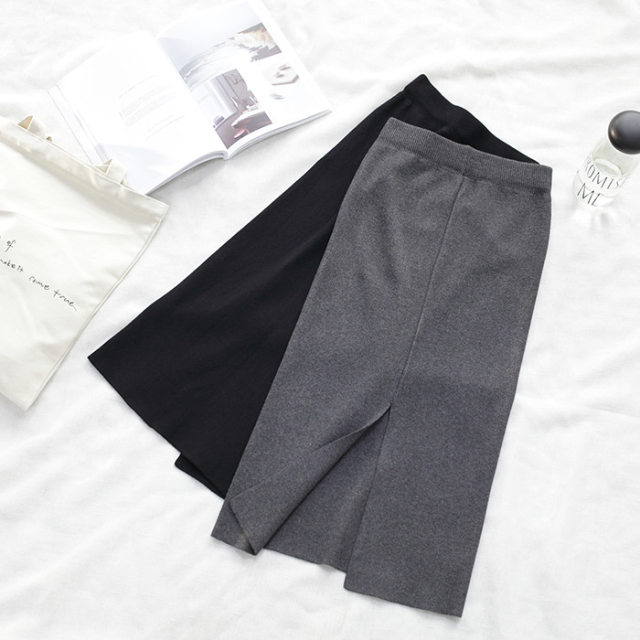 
Knitted skirt for women in autumn and winter long skirt for hip-covering skirt one-step skirt mid-length slit wool skirt versatile