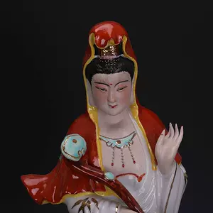 中国美術 手描き粉彩 景徳鎮彫塑瓷厂銘 粉彩 財神 大置物 美品