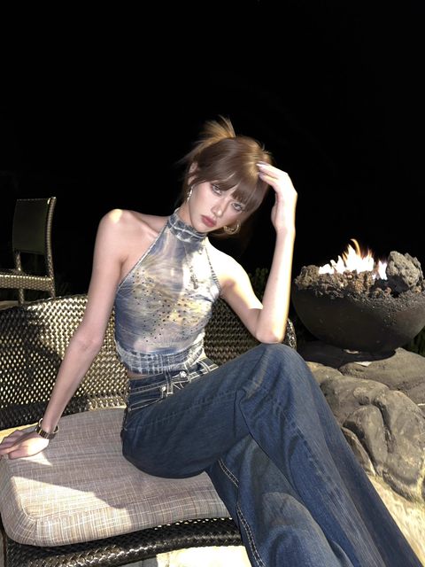 American diamond-inlaid printed lace halter neck vest tie-dye hot girl wind backless slim body clothes for women